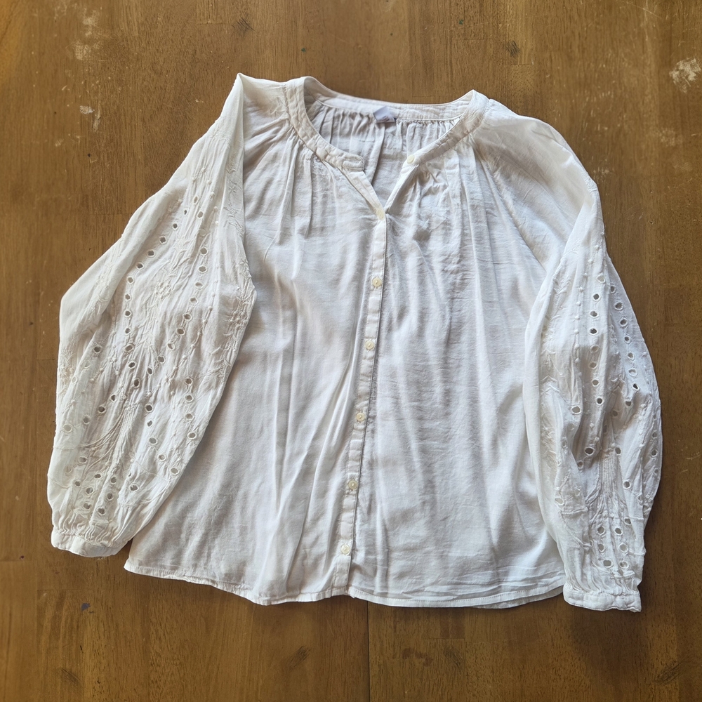 White Eyelet Sleeve Button-Front Blouse